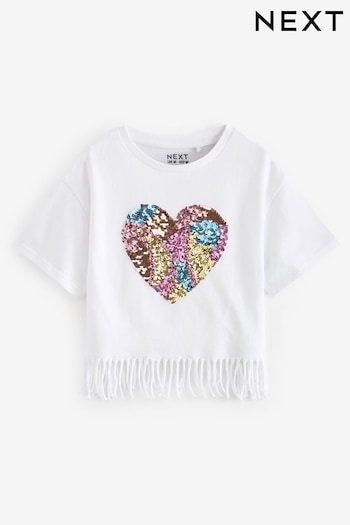 Ecru White Sequin Heart Fringe T-Shirt (3-16yrs) (179627) | £9 - £14