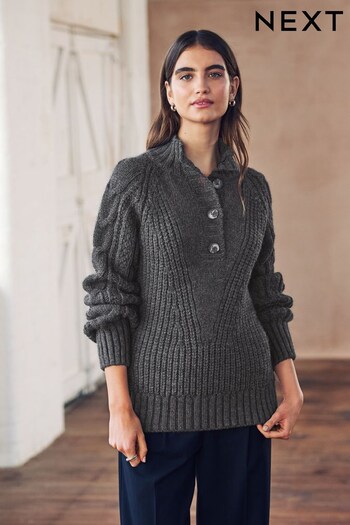 Charcoal Grey Button High Neck Cable Detail Jumper (181356) | £48