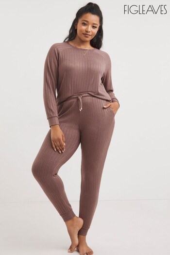 Figleaves Chestnut Brown Soft Ribbed Top And Wide Leg Pyjama Set (181438) | £36