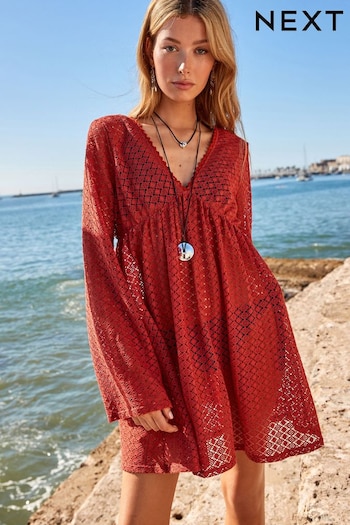 Red Crochet Lace Beach Cover-Up Kaftan (181698) | £30