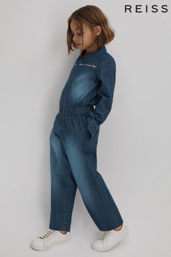 Reiss Blue Marnie Teen Elasticated Embellished Denim Jumpsuit (181830) | £75