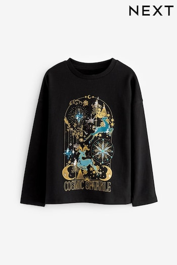 Black/Gold Cosmic Reindeer Sequin Christmas Long Sleeve T-Shirt (3-16yrs) (181866) | £10 - £15