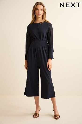 Navy Blue Corset Detail Long Sleeve Jumpsuit (182599) | £58