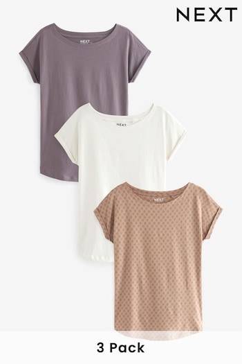 White Ecru/Grey/Brown Print Cap Sleeve T-Shirts 3 Pack (182709) | £23