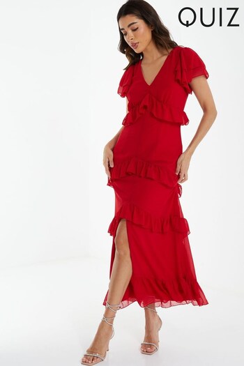 Quiz Red Chiffon V Neck Frill Split Front Midaxi Dress (182890) | £48