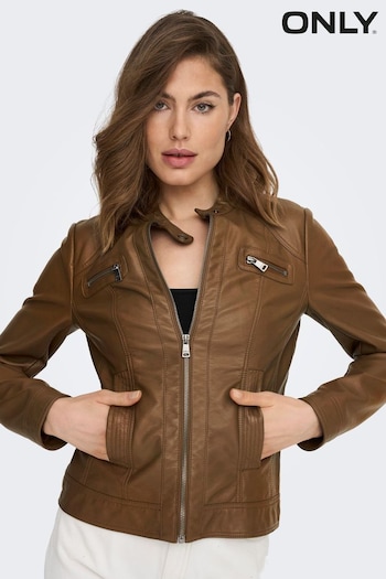 ONLY Brown Collarless Faux Leather Biker Jacket (183058) | £45