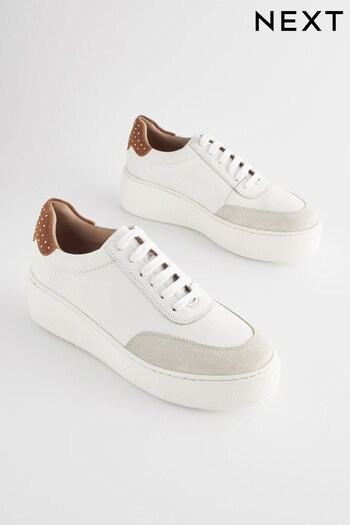 White/Tan Lace Up Signature Forever Comfort® Leather Chunky Wedge Platform Trainers (183299) | £52