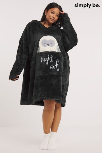 Simply Be Grey Charcoal Owl Hooded Fleece Sleepshirt with Socks (183386) | £28