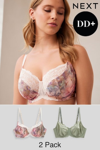 Pink Watercolour Floral Print/Sage Green DD+ Non Pad Wired Full Cup Microfibre and Lace Bras 2 Pack (184359) | £32