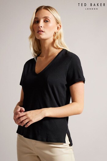 Ted Baker Laliita Easy V-Neck Linen Black T-Shirt (184727) | £45