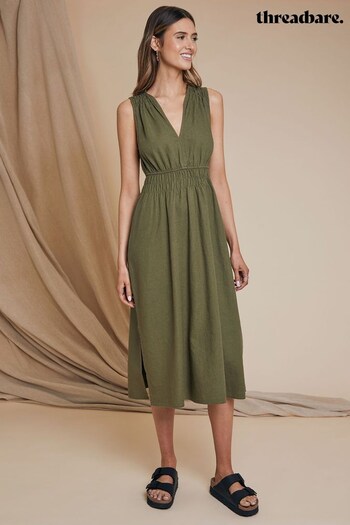 Threadbare Green Linen Blend Ruched Waist Midi Dress (185140) | £30