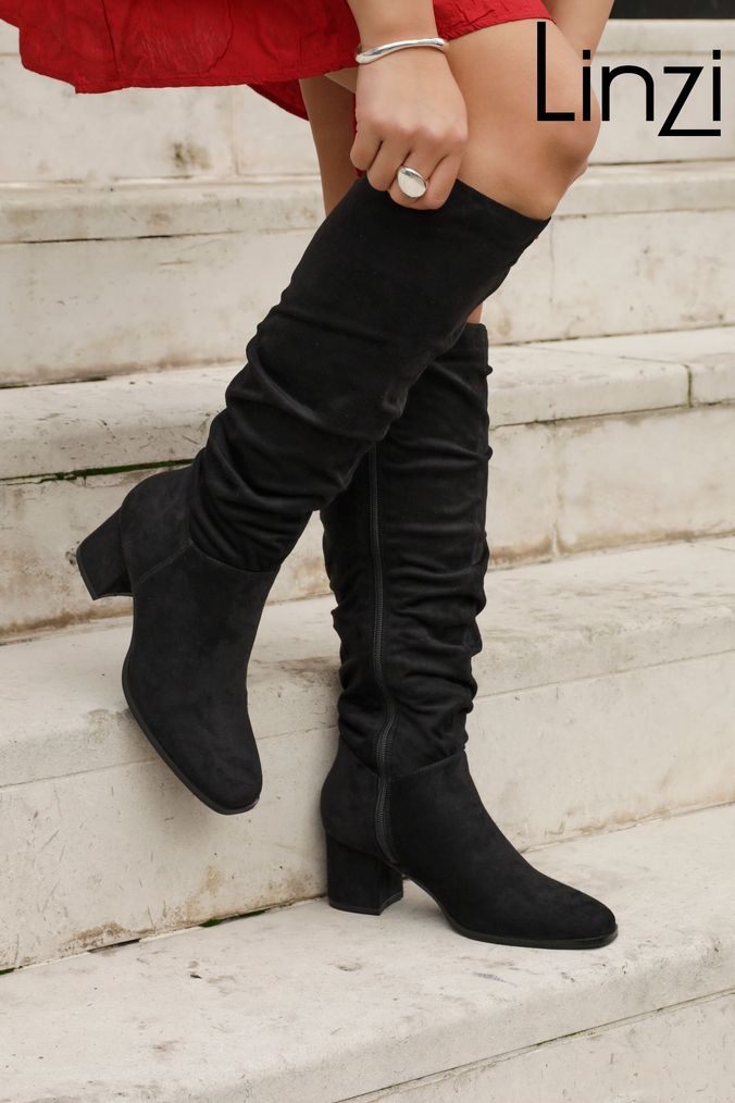 Breaking The Rules Black Stretch Suede Over The Knee Block Heel Boots |  Pink Boutique – Pink Boutique UK