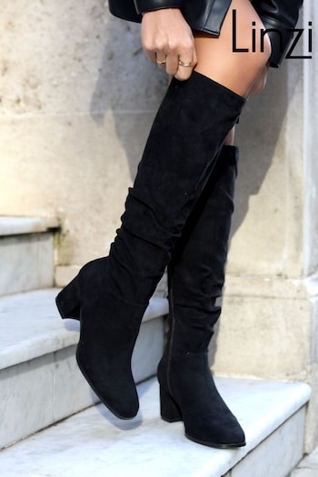 Linzi Black Margot Faux Suede Square Toe Block Heel Knee High Boots (185167) | £55
