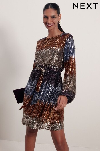Purple Ombre Long Sleeve Belted Sequin Mini Dress (185304) | £65