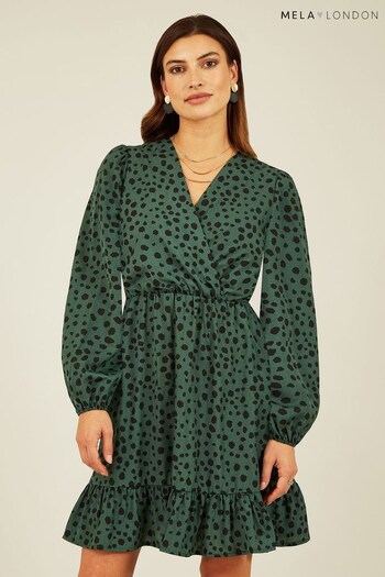 Mela Green Dalmatian Print Long Sleeve Wrap Over Midi Dress (185583) | £40