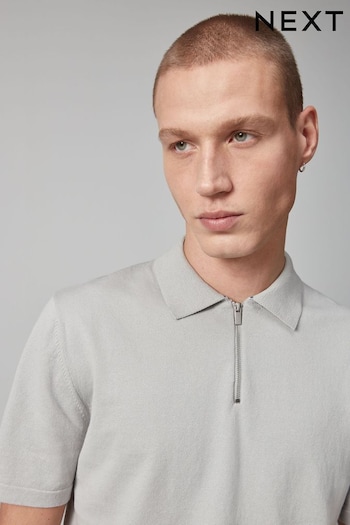Grey Knitted Regular Fit Zip Polo Shirt (186556) | £24