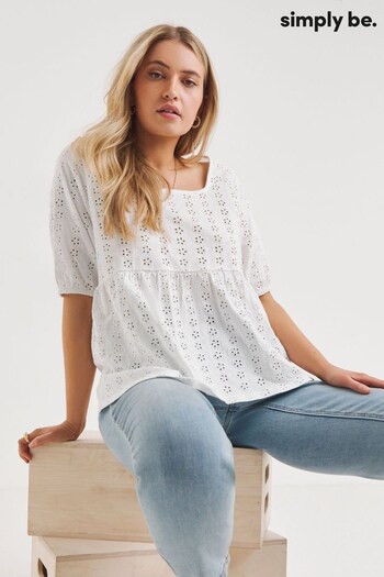 Simply Be Stretch Broderie Square Neck White Top (187718) | £24