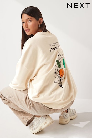 Neutral Ecru Relaxed Fit Longline Nature Back Graphic Crew Neck Slogan Sweatshirt (187938) | £32