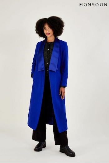Monsoon Blue Tallulah Wool-Rich Long Tuxedo Coat (188701) | £295