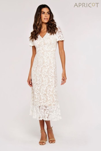 Apricot White Corded Lace V-Neck Ruffle Dress (188919) | £49