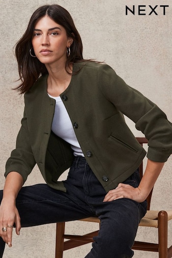 Khaki Green Brushed Collarless Buttoned Jacket (188968) | £45