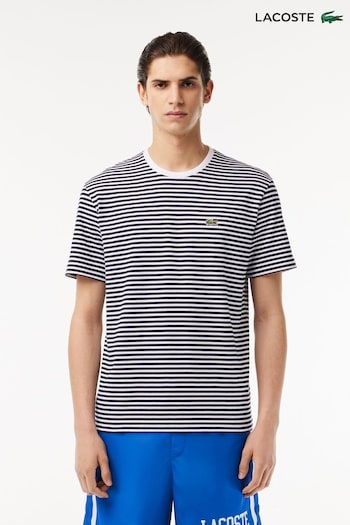 Lacoste cuir White/Navy Heavy Cotton Striped T-Shirt (189599) | £65