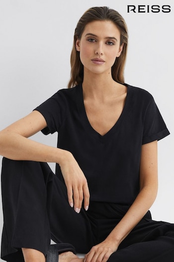 Reiss Black Luana Cotton Jersey V-Neck T-Shirt (189955) | £35