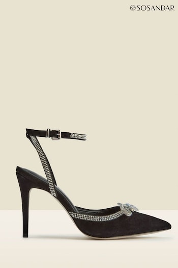 Sosandar Black Suede Diamante Bow Trim Ankle Strap Court Shoes (190711) | £105