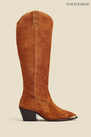 Sosandar Brown Suede Tab Detail Knee High Western Boots With Metal Trim (190860) | £165