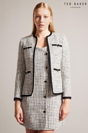 Ted Baker Lyrra Dogtooth Boucle Collarless White Jacket (191514) | £225
