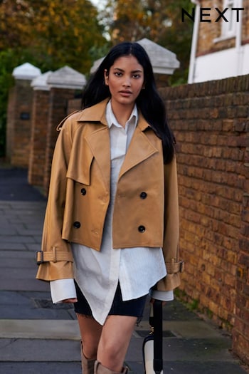 Camel Brown Faux Leather Cropped Trench Coat (191968) | £70