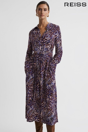 Reiss Blue Tabitha Petite Animal Print Midi Dress petali (192145) | £228