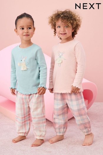 Pink/Blue Mouse 2 Pack 100% Cotton Woven Bottoms Pyjamas (9mths-10yrs) (192178) | £22 - £31