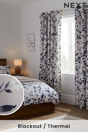 Blue/Neutral Blossom Floral Eyelet Blackout/Thermal Curtains (192227) | £50 - £110