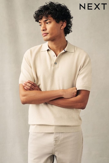 Neutral Knitted Bubble Textured Regular Fit Polo Shirt (193787) | £24