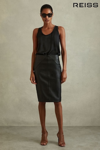 Reiss Black Raya Leather High Rise Midi Skirt (195694) | £228