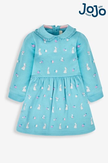 JoJo Maman Bébé Duck Egg Blue Bunny Girls' Embroidered Sweat Dress With Collar (196077) | £23.50