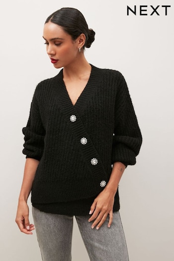 Black Gem Button Asymmetric Cardigan (196434) | £37