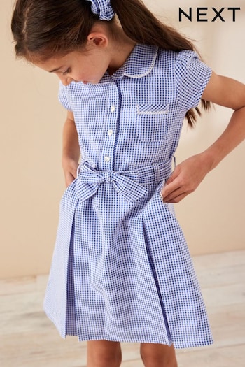 Mid Blue Cotton Rich Belted Gingham School Dress belted With Scrunchie (3-14yrs) (196508) | £9 - £12