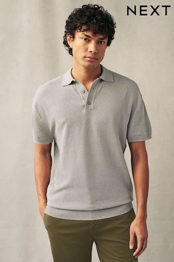 Grey Knitted Bubble Textured Regular Fit Polo Shirt (196906) | £24