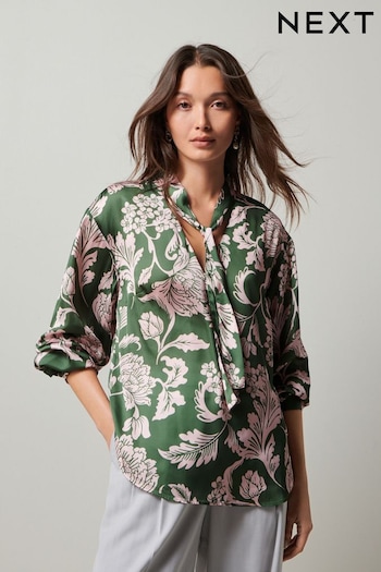 Green/Pink Floral Tie Neck Long Sleeve Blouse (197085) | £42