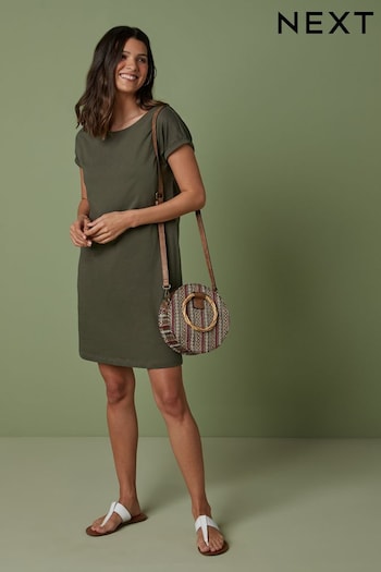 Khaki Green 100% Cotton Relaxed Capped Sleeve Tunic Dress (198421) | £12