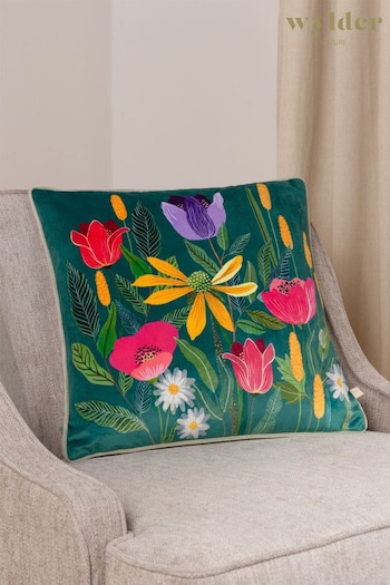 Wylder Nature Blue House Of Bloom Celandine Floral Velvet Piped Cushion (198482) | £17