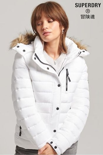 Superdry White Faux Fur Short Hooded Puffer Jacket (1AT405) | £95