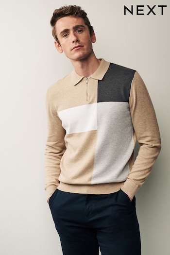 Neutral/Grey Regular Asymmetric Pattern Long Sleeve Knitted Zip Polo Shirt (1HD955) | £36