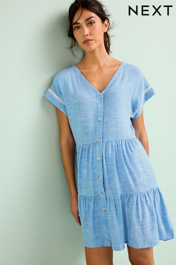 Blue Chambray Linen Blend Tiered Mini Dress (1HY913) | £32