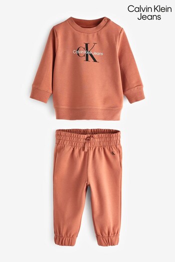 Calvin Slide Klein Jeans Newborn Orange Monogram Logo Sweatshirt Set (1J8913) | £45