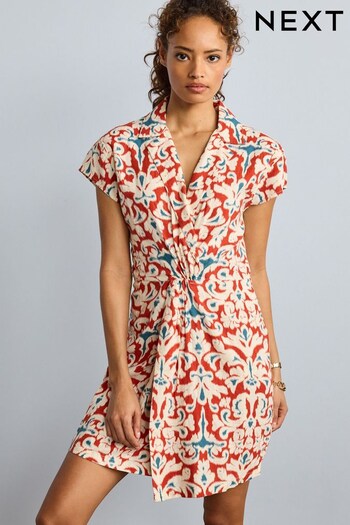 Brown Floral Twist Front Linen Blend Mini Summer Dress (1JF726) | £38