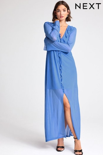Cobalt Blue Long Sleeve Mesh Ruffle Maxi Dress (1T9704) | £46