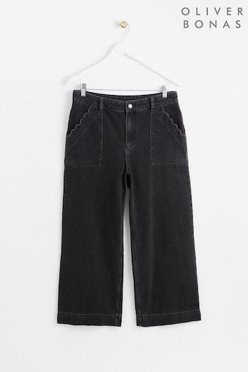Oliver Bonas Blue Washed Wide Leg Scalloped Pocket Cropped Sweater Jeans (200255) | £75